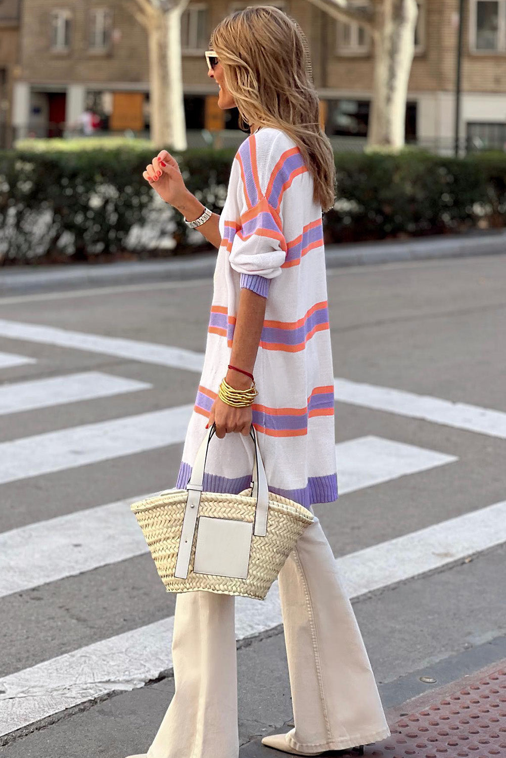 Beige Button-Up Striped Cardigan with Ribbed Trim and Long Sleeves from MsDressly