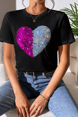 Black Valentine Two Tone Sequined Heart Shaped Graphic T Shirt from MsDressly