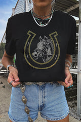 Black Rhinestone Horse & Horseshoe Graphic T Shirt from MsDressly