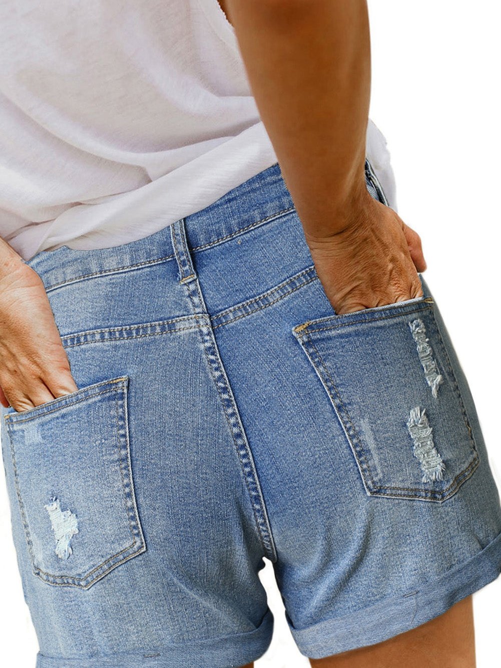 Cool Denim Shorts with Distressing and American Flag from MsDressly