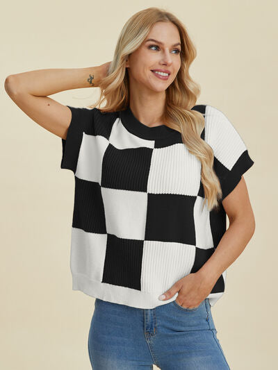 Double Take Full Size Checkered Round Neck Short Sleeve Sweater from Enfance-Heureuse
