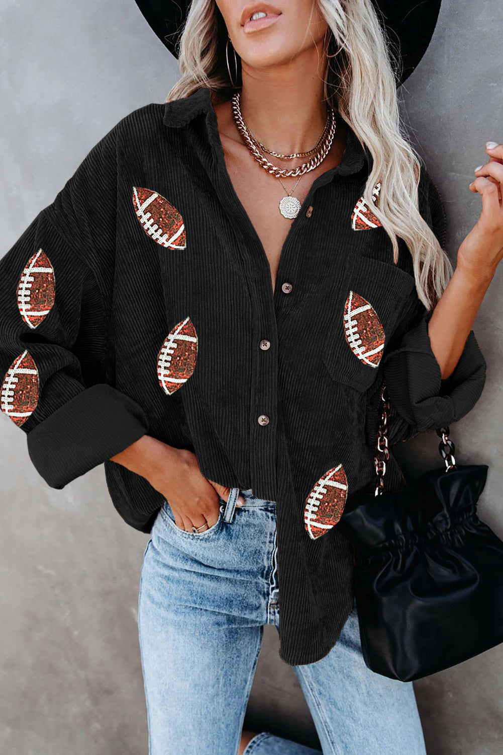 Black Sequin Rugby Pattern Buttoned Corduroy Shacket from MsDressly