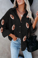 Black Sequin Rugby Pattern Buttoned Corduroy Shacket from MsDressly