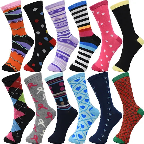30-Pairs Women's Fun Patterned Cotton-Blend Crew Socks Assorted Pairs from PremiumBrandGoods