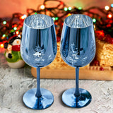 Crystal Christmas Tree Stemmed Wine & Water Glasses - Set of 2 - Holiday Themed Vibrant Blue Etched Winter Snow Wonderland Frosted Glass, Perfect For Seasonal Parties, Gifts for Him & Her Trees Décor from The Wine Savant