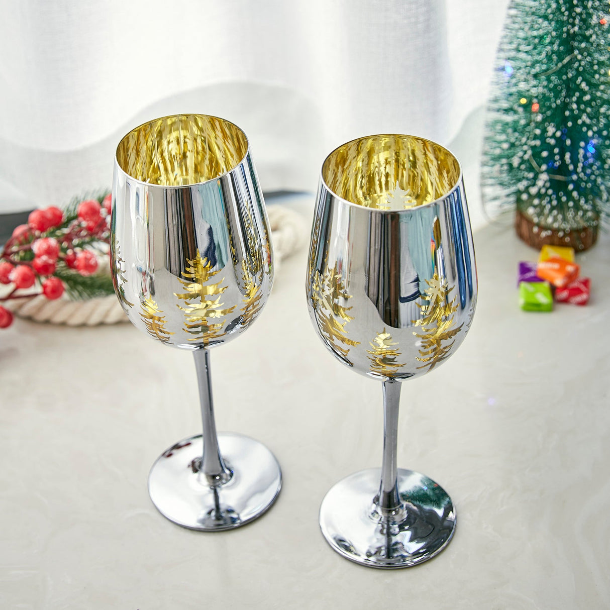 Crystal Christmas Tree Stemmed Wine & Water Glasses - Set of 2 - Holiday Themed Vibrant Gold Etched Winter Snow Wonderland Frosted Glass, Perfect For Seasonal Parties, Gifts for Him & Her Trees Décor from The Wine Savant
