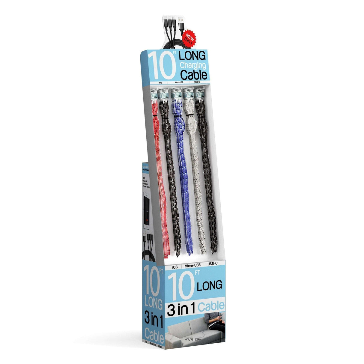 10 Foot 3-in-1 Universal Charging Cable - 60 Piece Display Bundle from Mila Lifestyle Accessories