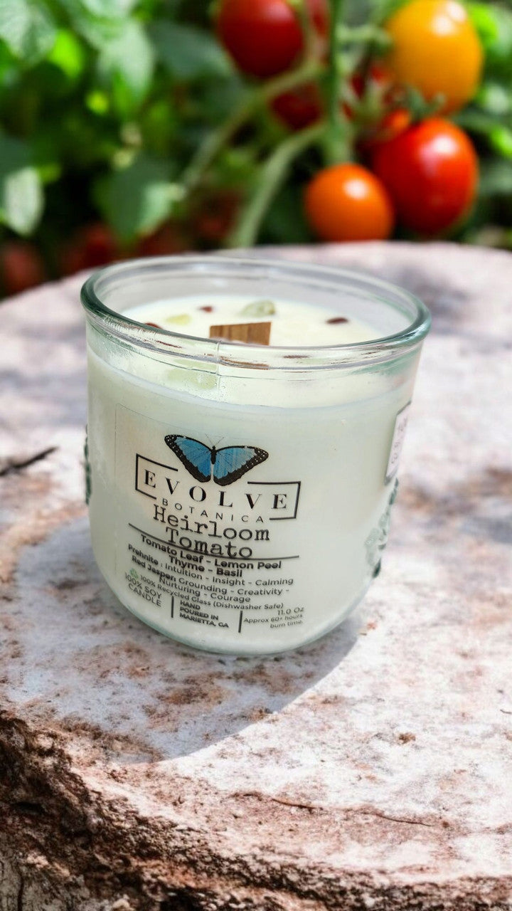 Rocks Candle - Heirloom Tomato (Wood Wick, Prehnite & Red Jasper, Soy Candle) from Evolve Botanica