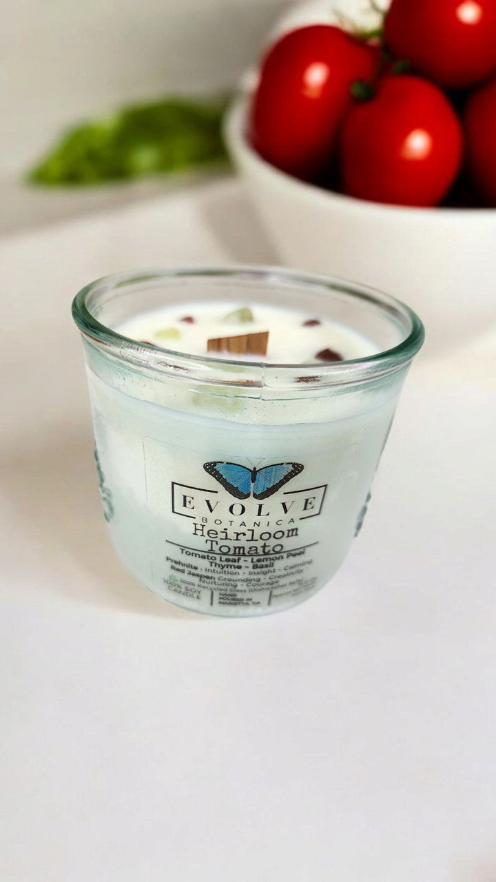 Rocks Candle - Heirloom Tomato (Wood Wick, Prehnite & Red Jasper, Soy Candle) from Evolve Botanica