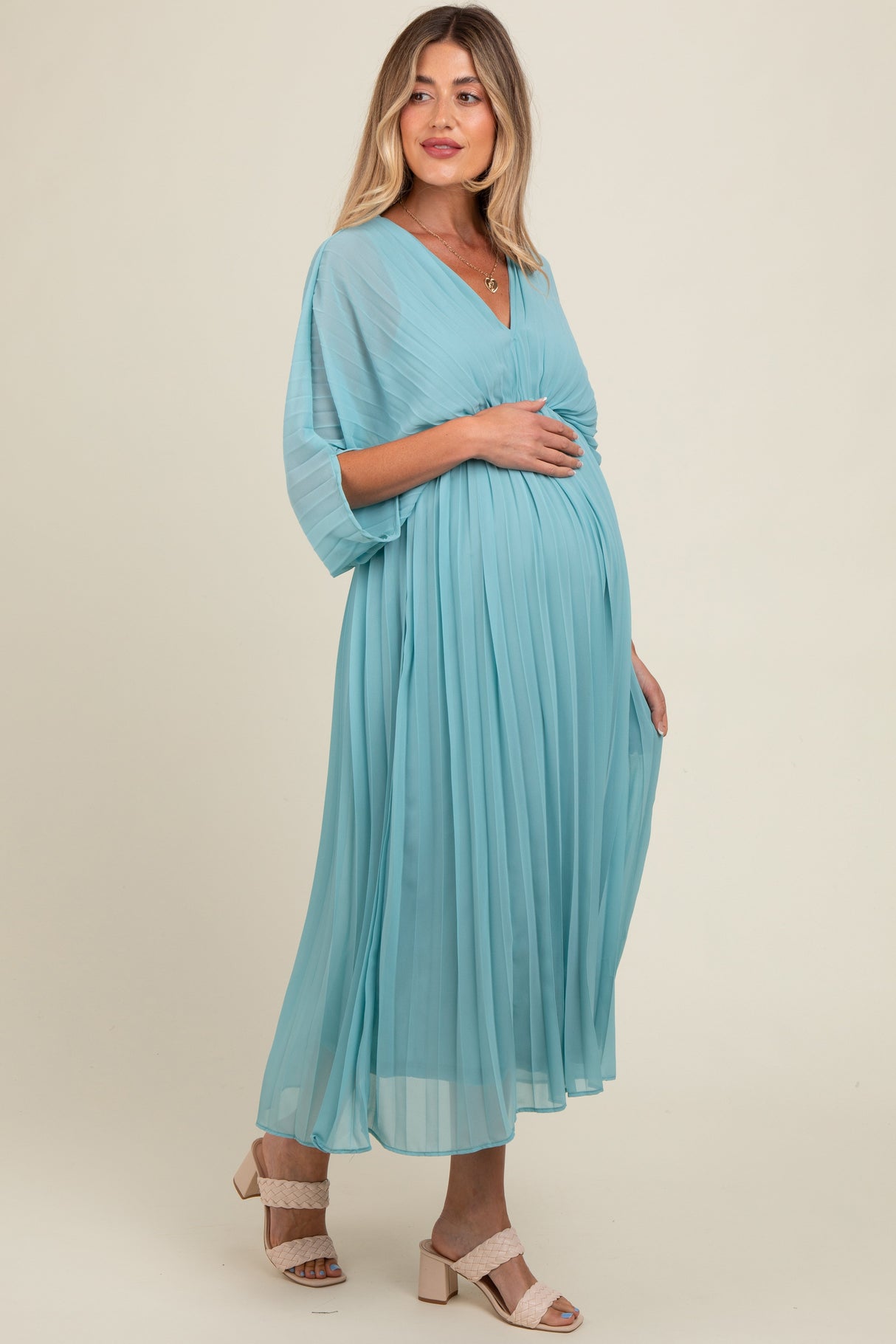 Blue Pleated V Neck Maternity Maxi Dress from PinkBlush