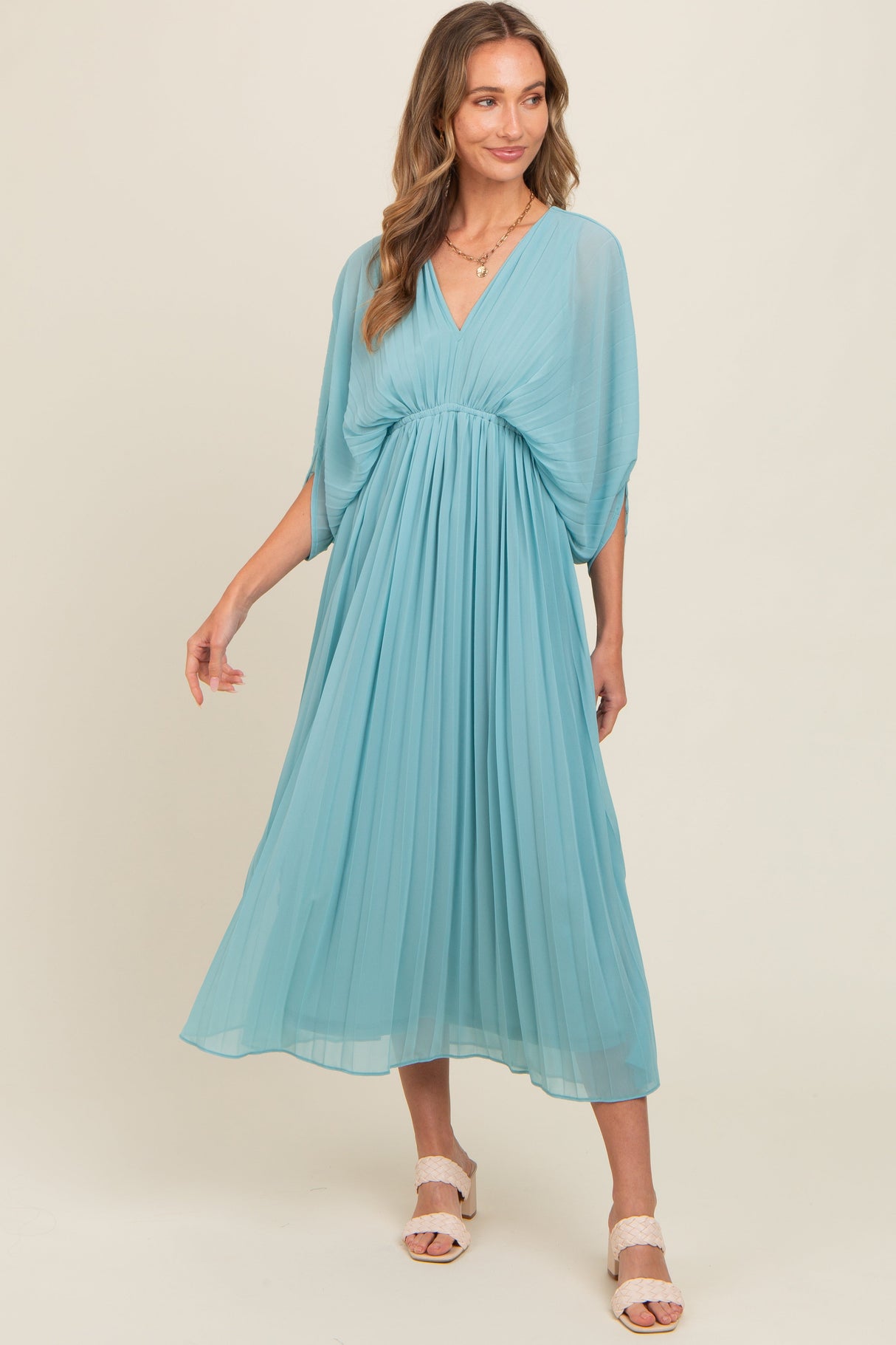 Blue Pleated V Neck Maternity Maxi Dress from PinkBlush