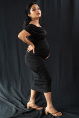 Black Off Shoulder Ruched Maternity Midi Dress from PinkBlush
