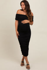 Black Off Shoulder Ruched Maternity Midi Dress from PinkBlush