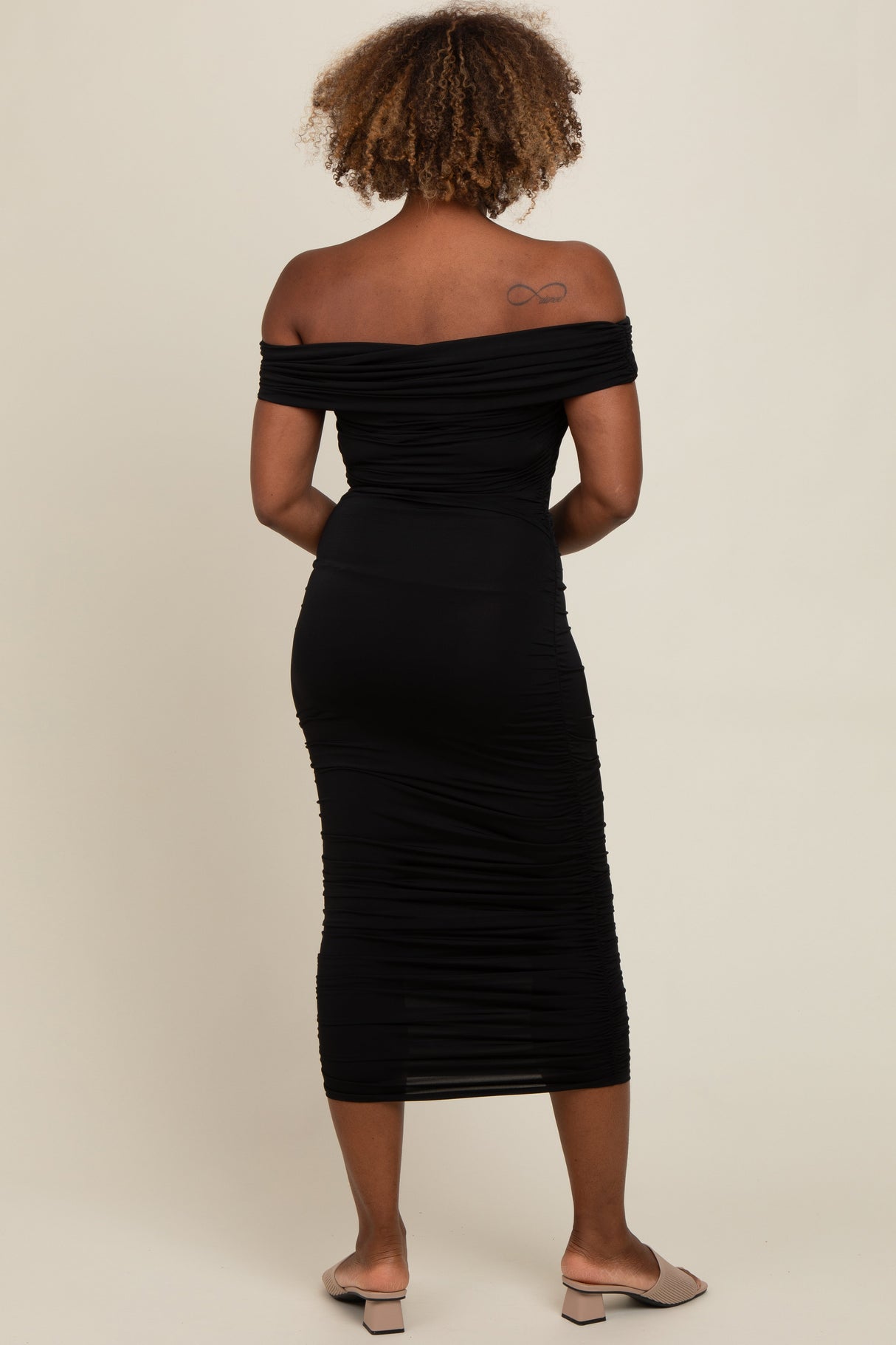Black Off Shoulder Ruched Midi Dress from PinkBlush