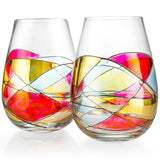 Artisanal Hand Painted Stemless - Gift for Mom, Friends, Girlfriends, Renaissance Romantic Stain-glassed Windows Wine Glasses Set of 2 - Gift Idea for Birthday, Housewarming - Extra Large Goblets from The Wine Savant