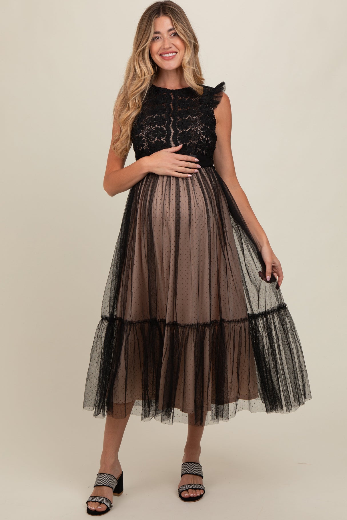 Black Lace Contrast Tulle Maternity Maxi Dress from PinkBlush