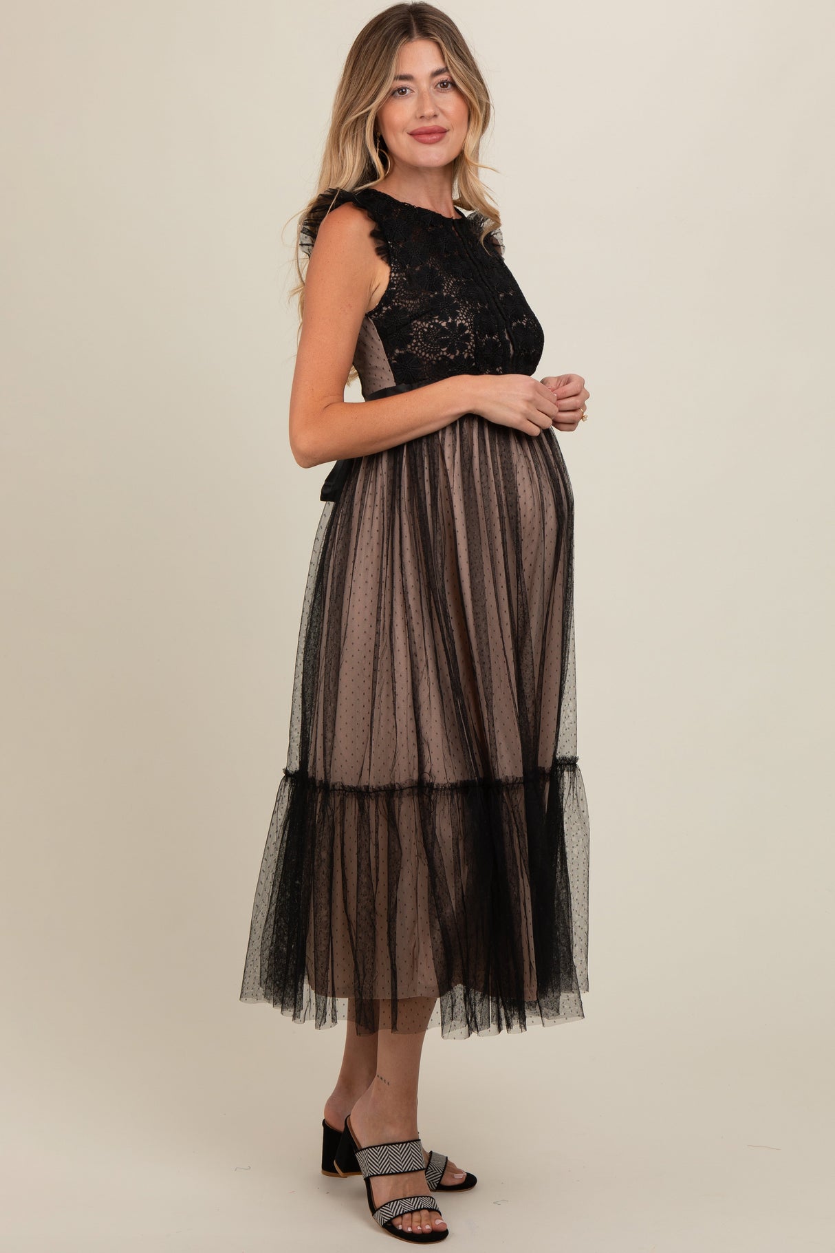 Black Lace Contrast Tulle Maternity Maxi Dress from PinkBlush