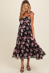 Black Floral Print Tie Strap Maternity Midi Dress from PinkBlush