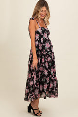 Black Floral Print Tie Strap Maternity Midi Dress from PinkBlush