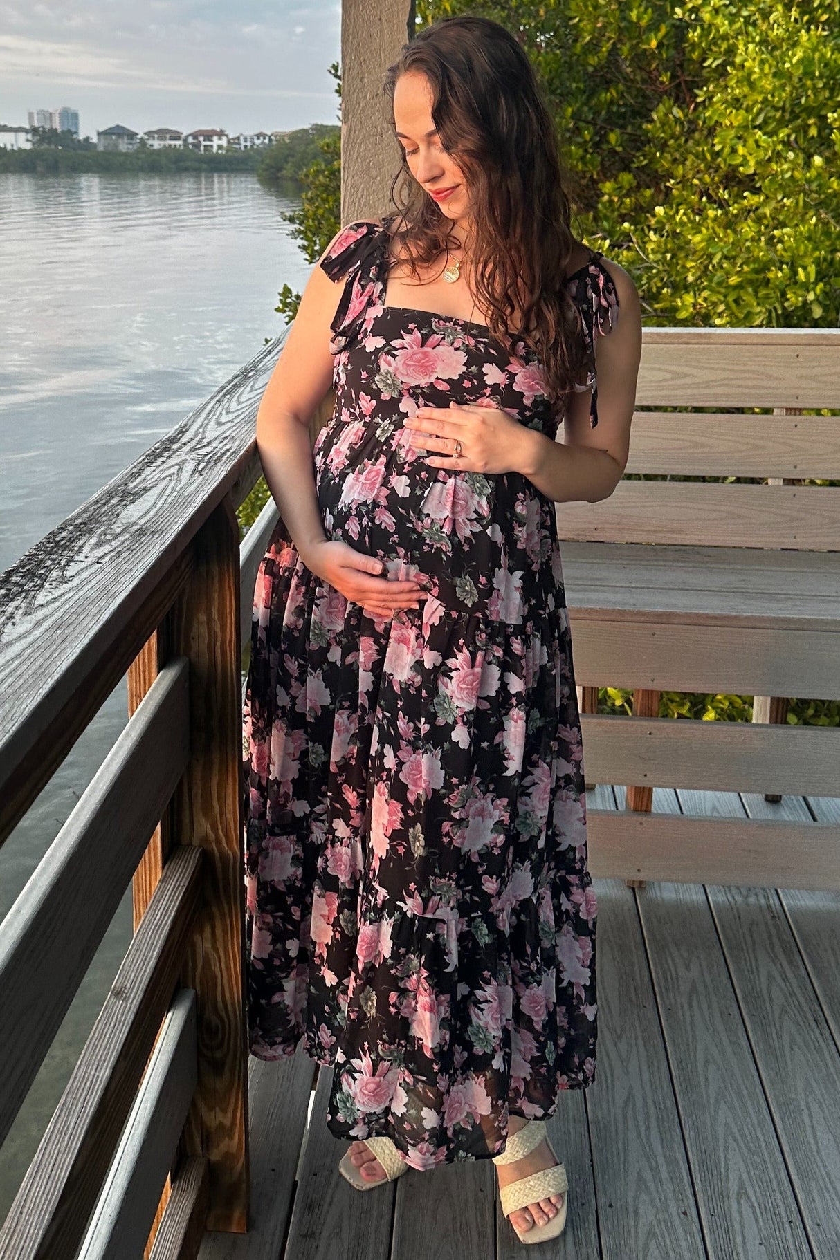 Black Floral Print Tie Strap Maternity Midi Dress from PinkBlush