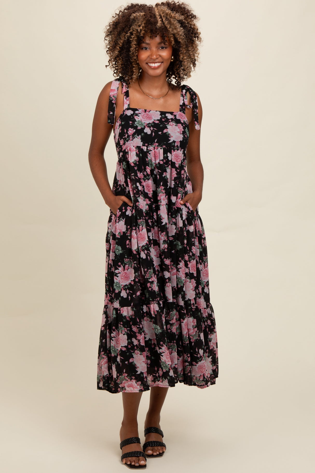 Black Floral Print Tie Strap Maternity Midi Dress from PinkBlush