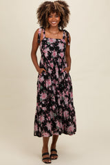 Black Floral Print Tie Strap Maternity Midi Dress from PinkBlush