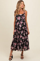 Black Floral Print Tie Strap Maternity Midi Dress from PinkBlush