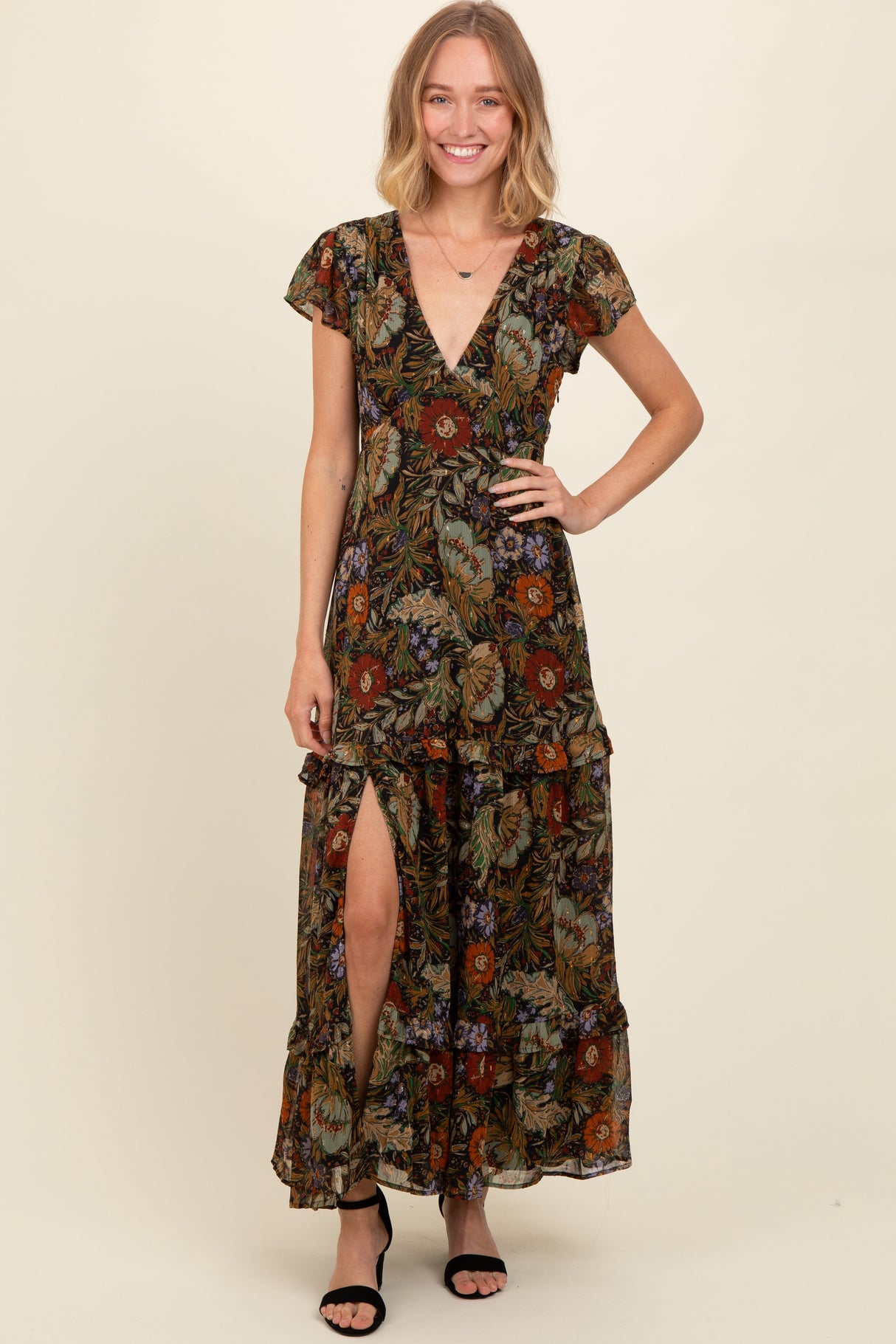 Black Floral Deep V-Neck Tiered Maternity Maxi Dress from PinkBlush