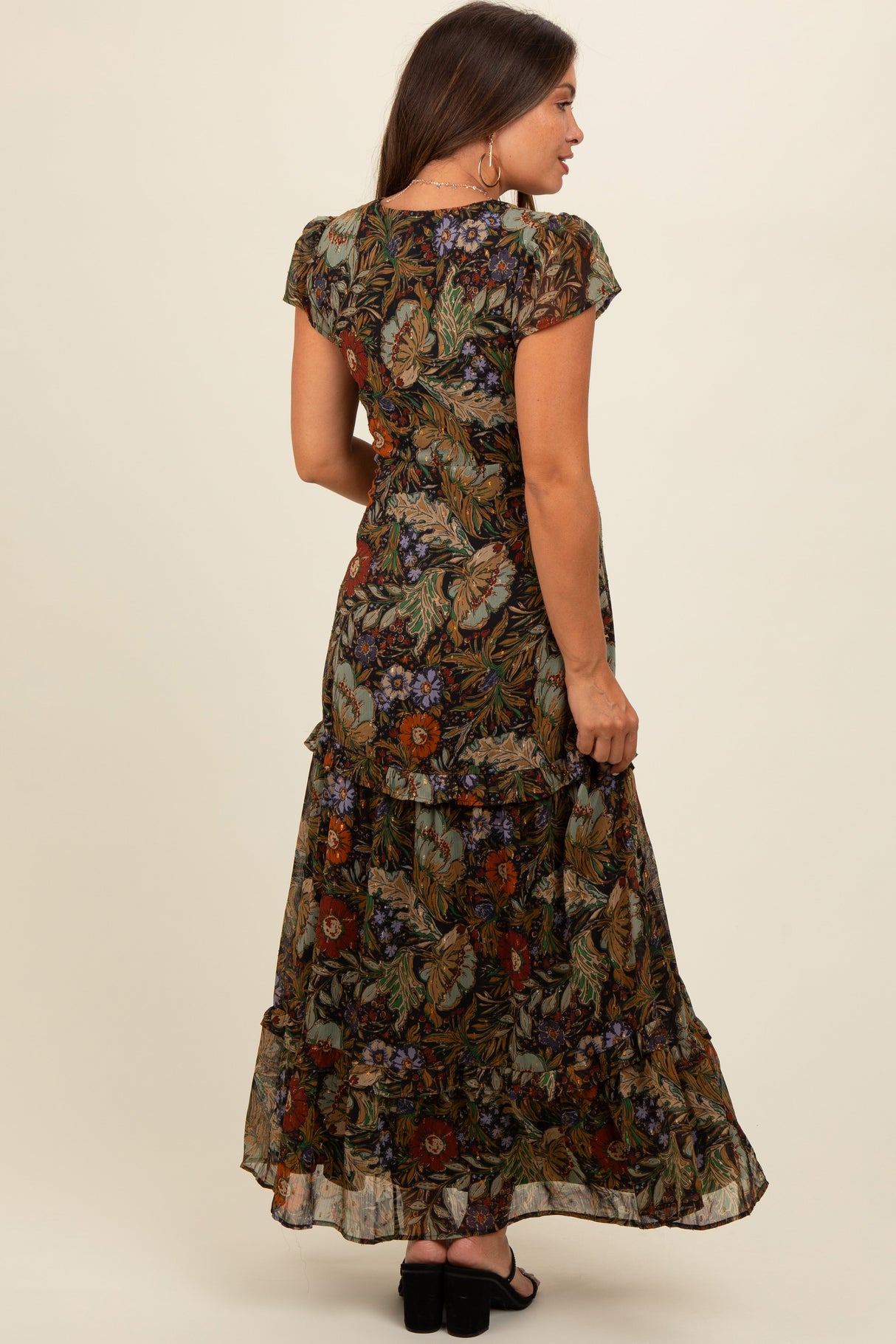 Black Floral Deep V-Neck Tiered Maternity Maxi Dress from PinkBlush