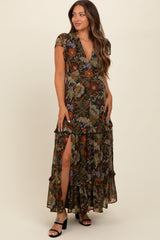 Black Floral Deep V-Neck Tiered Maternity Maxi Dress from PinkBlush