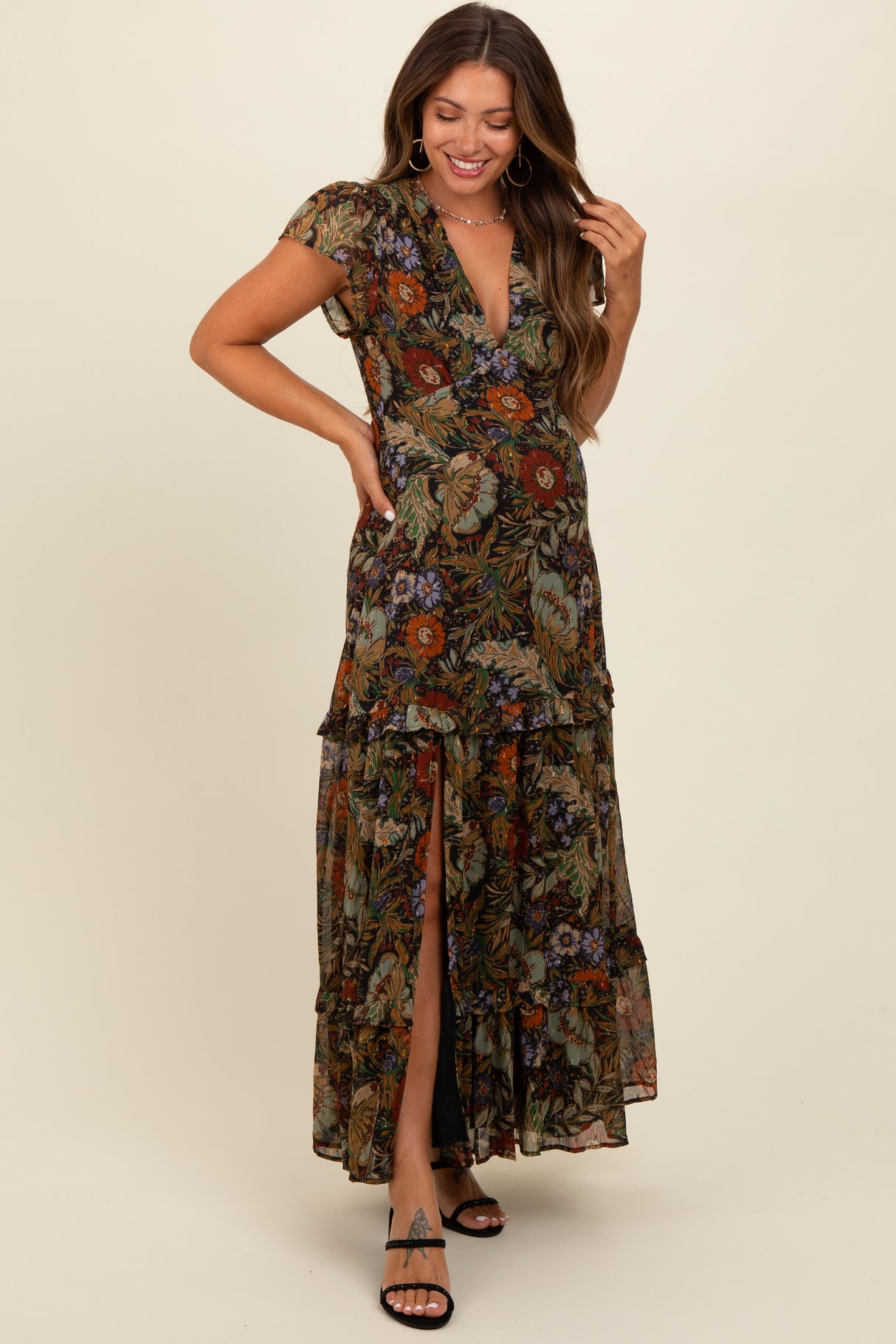 Black Floral Deep V-Neck Tiered Maternity Maxi Dress from PinkBlush