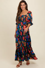 Black Floral Satin Smocked Tiered Maternity Maxi Dress from PinkBlush