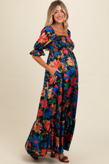 Black Floral Satin Smocked Tiered Maternity Maxi Dress from PinkBlush