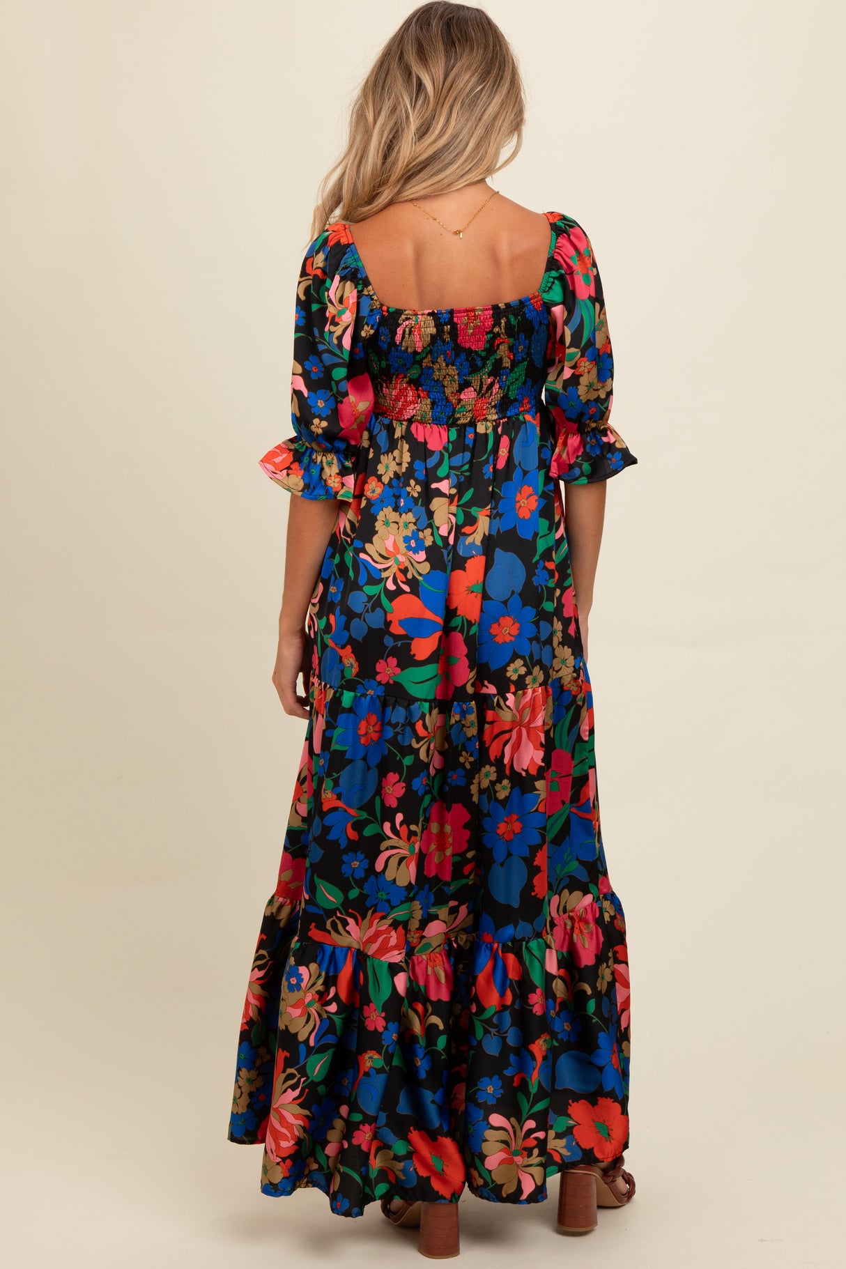 Black Floral Satin Smocked Tiered Maternity Maxi Dress from PinkBlush