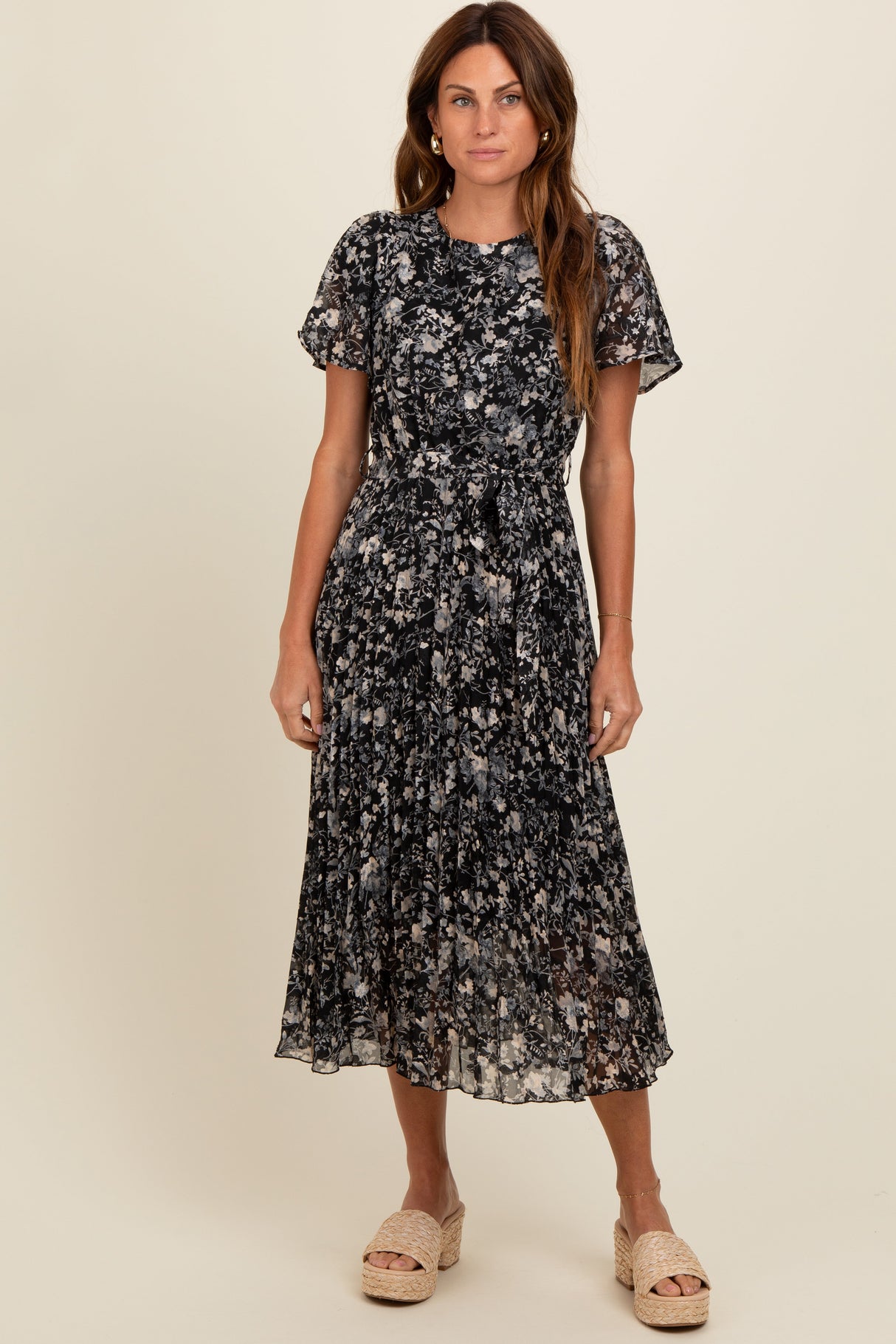 Black Floral Pleated Maternity Midi Dress from PinkBlush