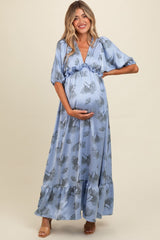 Blue Floral Chiffon Ruffle Accent Maternity Maxi Dress from PinkBlush