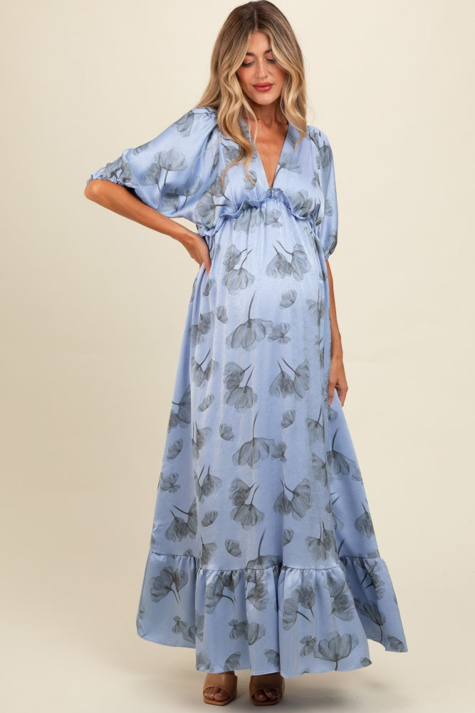 Blue Floral Chiffon Ruffle Accent Maternity Maxi Dress from PinkBlush