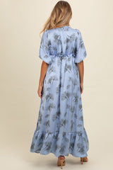 Blue Floral Chiffon Ruffle Accent Maternity Maxi Dress from PinkBlush