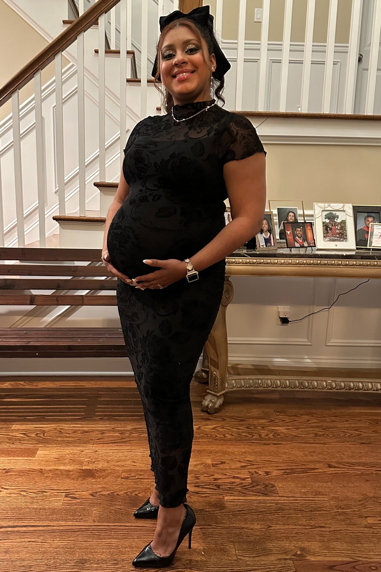 Black Floral Mesh Overlay Fitted Maternity Maxi Dress from PinkBlush