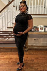 Black Floral Mesh Overlay Fitted Maternity Maxi Dress from PinkBlush