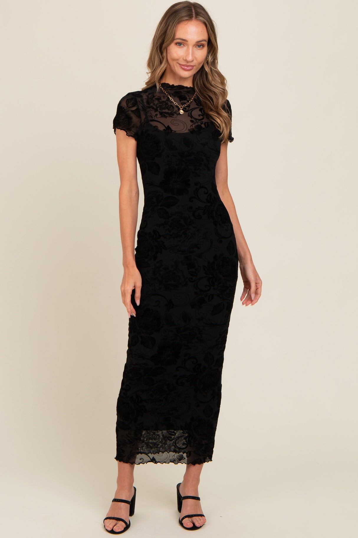 Black Floral Mesh Overlay Fitted Maternity Maxi Dress from PinkBlush