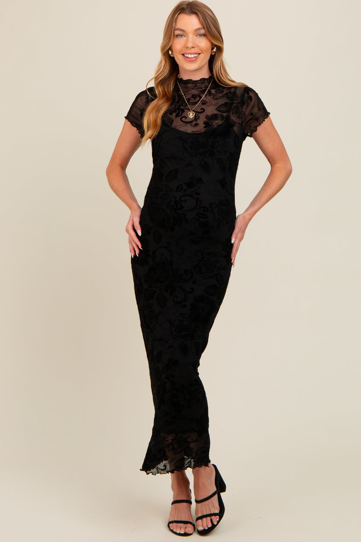 Black Floral Mesh Overlay Fitted Maternity Maxi Dress from PinkBlush
