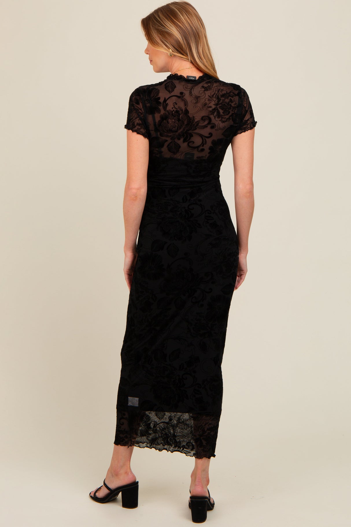 Black Floral Mesh Overlay Fitted Maternity Maxi Dress from PinkBlush
