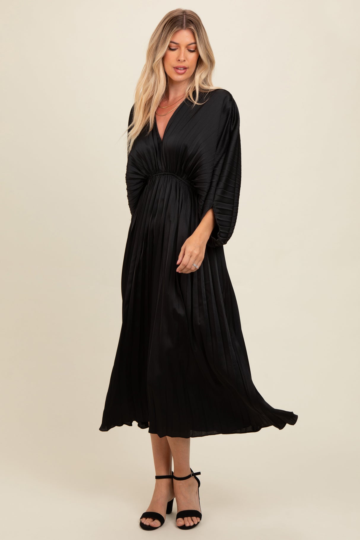 Black Satin Pleated V-Neck Maternity Maxi Dress from PinkBlush
