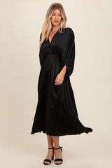 Black Satin Pleated V-Neck Maternity Maxi Dress from PinkBlush