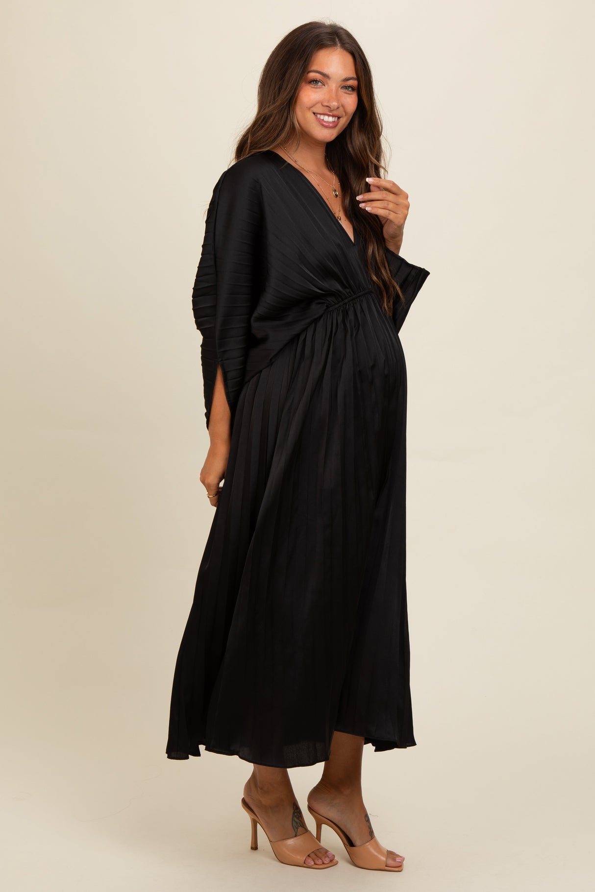 Black Satin Pleated V-Neck Maternity Maxi Dress from PinkBlush