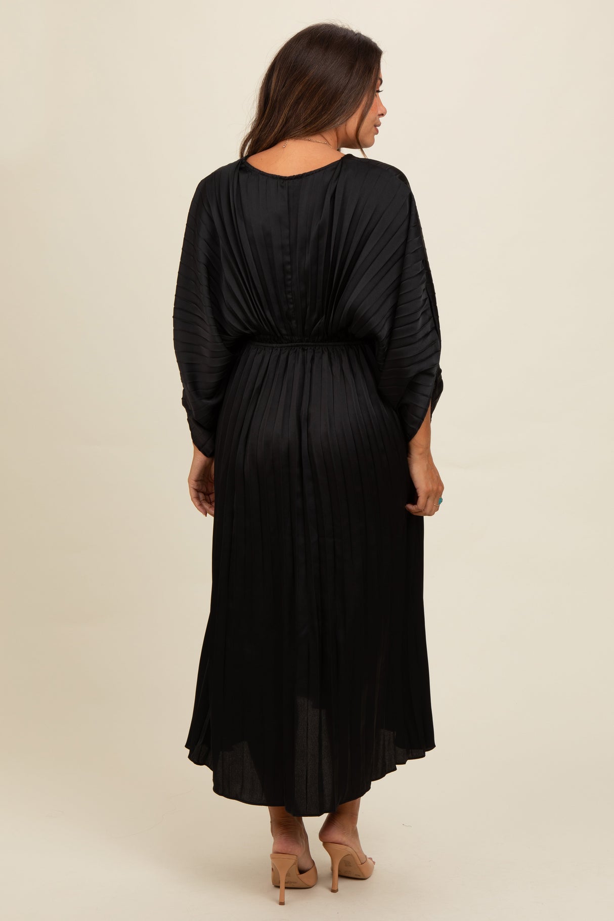 Black Satin Pleated V-Neck Maternity Maxi Dress from PinkBlush