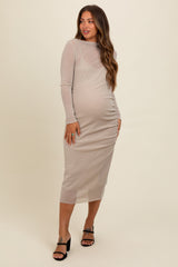 Beige Shimmer Mesh Long Sleeve Ruched Maternity Midi Dress from PinkBlush