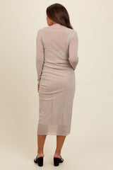 Beige Shimmer Mesh Long Sleeve Ruched Maternity Midi Dress from PinkBlush