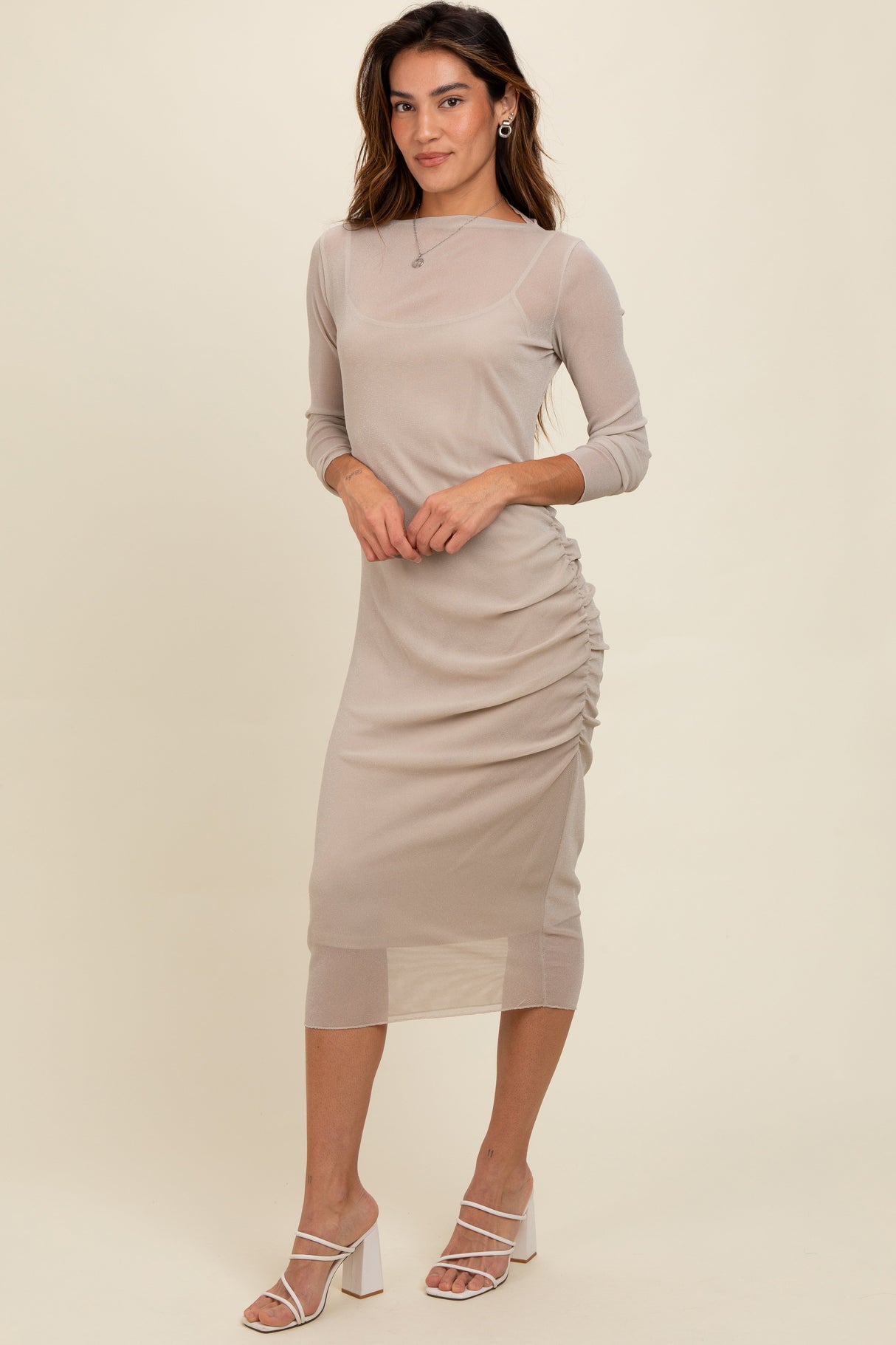 Beige Shimmer Mesh Long Sleeve Ruched Maternity Midi Dress from PinkBlush